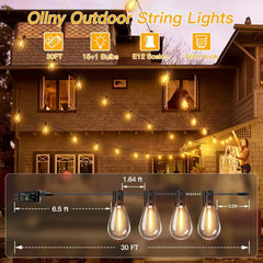 Ollny 30FT S11 Outdoor Patio Lights (15 Bulbs, IP45 Waterproof, Connectable, 1 Spare Bulb)