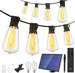 Ollny 50FT ST38 Solar Patio Lights (25 Bulbs, IP45 Waterproof, Solar Powered, 2 Spare Bulbs)