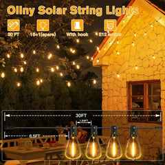 Ollny 30FT ST38 Outdoor Solar Lights (15 Bulbs, IP45 Waterproof, Solar Powered, 1 Spare Bulb)