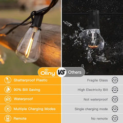 Ollny 50FT ST38 Solar Patio Lights (25 Bulbs, IP45 Waterproof, Solar Powered, 2 Spare Bulbs)