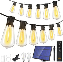 Ollny 100FT ST38 Solar Patio Lights (50 Bulbs, IP45 Waterproof, Solar Powered, 2 Spare Bulbs)