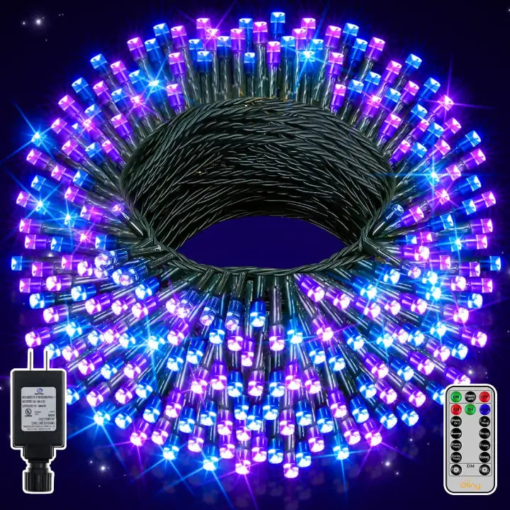 Ollny 400 LED 132ft Purple & Blue String Lights (Green Cable, Plug in, 8 Modes, IP44 Waterproof)