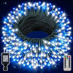 Ollny 400 LED 132ft Blue & White Christmas Lights (Green Cable, Plug in, 8 Modes, IP44 Waterproof)