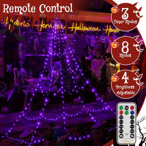 454 LED 17.4ft Halloween Spider Web String Lights (Purple, Green Cable, Plug In, 8 Modes, IP67)