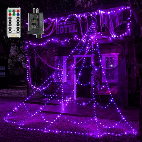 454 LED 17.4ft Halloween Spider Web String Lights (Purple, Green Cable, Plug In, 8 Modes, IP67)