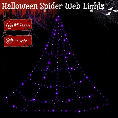 454 LED 17.4ft Halloween Spider Web String Lights (Purple, Green Cable, Plug In, 8 Modes, IP67)