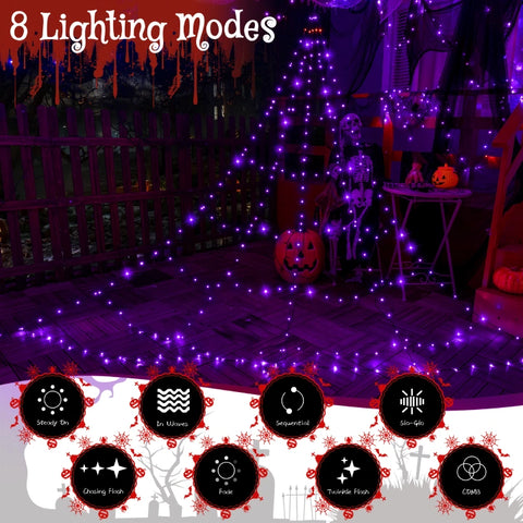 454 LED 17.4ft Halloween Spider Web String Lights (Purple, Green Cable, Plug In, 8 Modes, IP67)