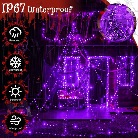 454 LED 17.4ft Halloween Spider Web String Lights (Purple, Green Cable, Plug In, 8 Modes, IP67)