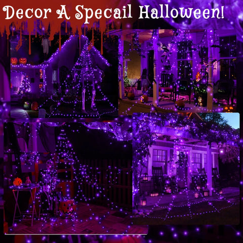 454 LED 17.4ft Halloween Spider Web String Lights (Purple, Green Cable, Plug In, 8 Modes, IP67)