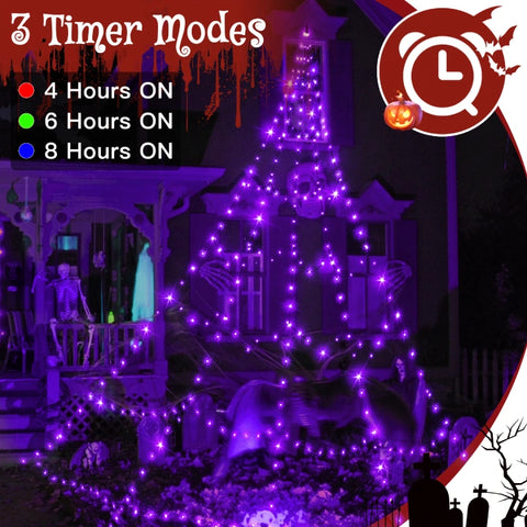 454 LED 17.4ft Halloween Spider Web String Lights (Purple, Green Cable, Plug In, 8 Modes, IP67)