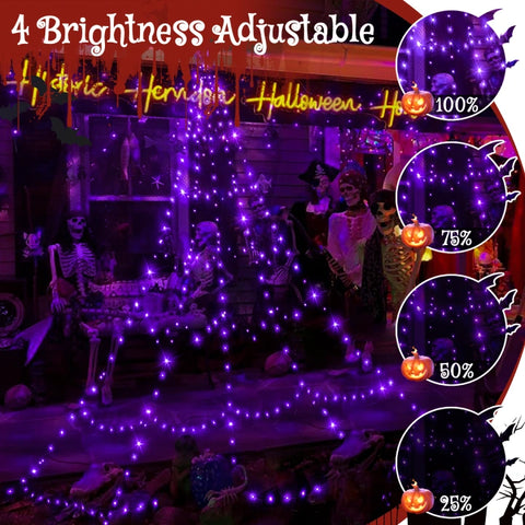 454 LED 17.4ft Halloween Spider Web String Lights (Purple, Green Cable, Plug In, 8 Modes, IP67)