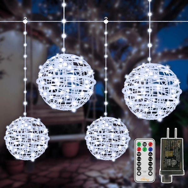 Ollny Outdoor Christmas Cool White Ball Light 4 Packs 7.87 inch (Clear Cable, Plug in, Connectable, 8 Modes, IP67  Waterproof)