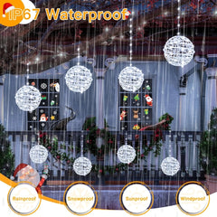 Ollny Outdoor Christmas Cool White Ball Light 4 Packs 7.87 inch (Clear Cable, Plug in, Connectable, 8 Modes, IP67  Waterproof)