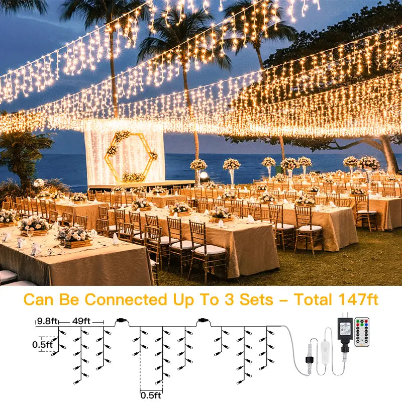 Ollny's warm white wedding icicle lights can be connect up 3 sets